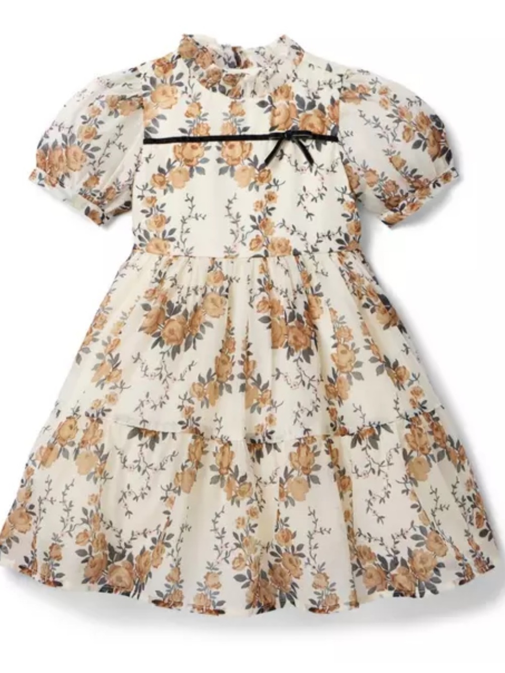 Janie and Jack Cream Floral Ruffle Neck Dress with Black Bow